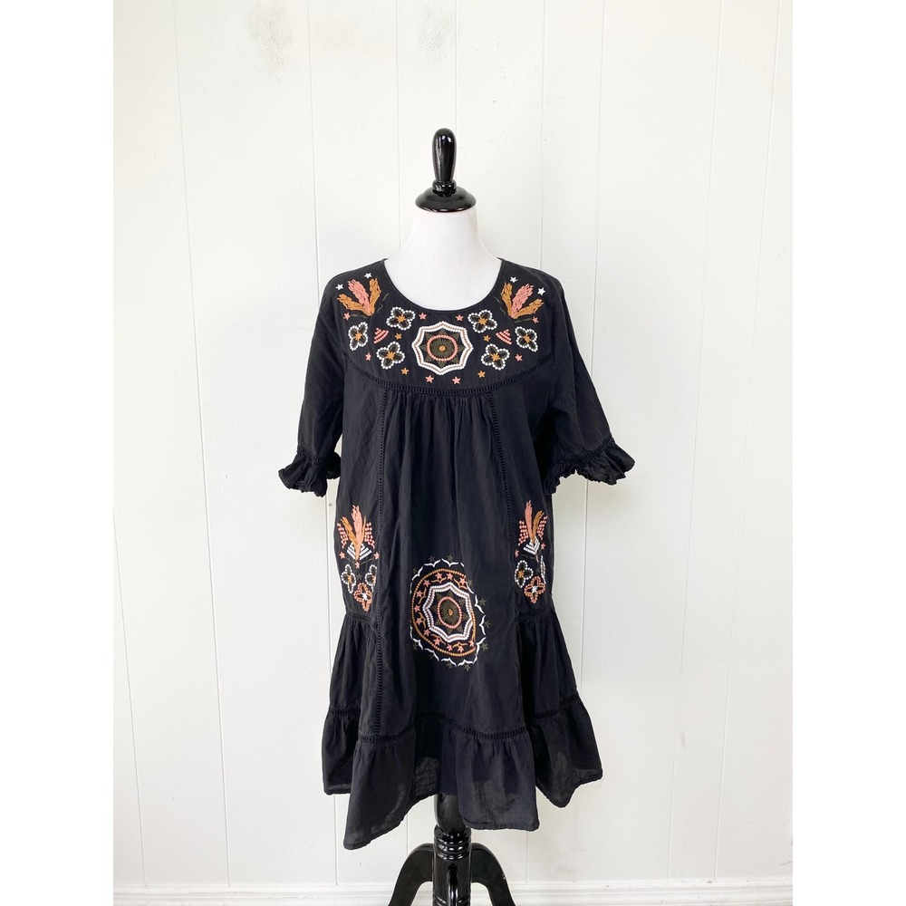 See And Be Seen Black Embroidered Cotton Boho Mini Dress Womens M *